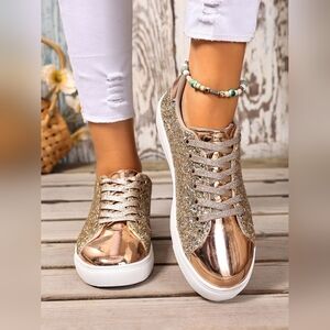 Gold Sequins Lace Up Women's Sneakers
